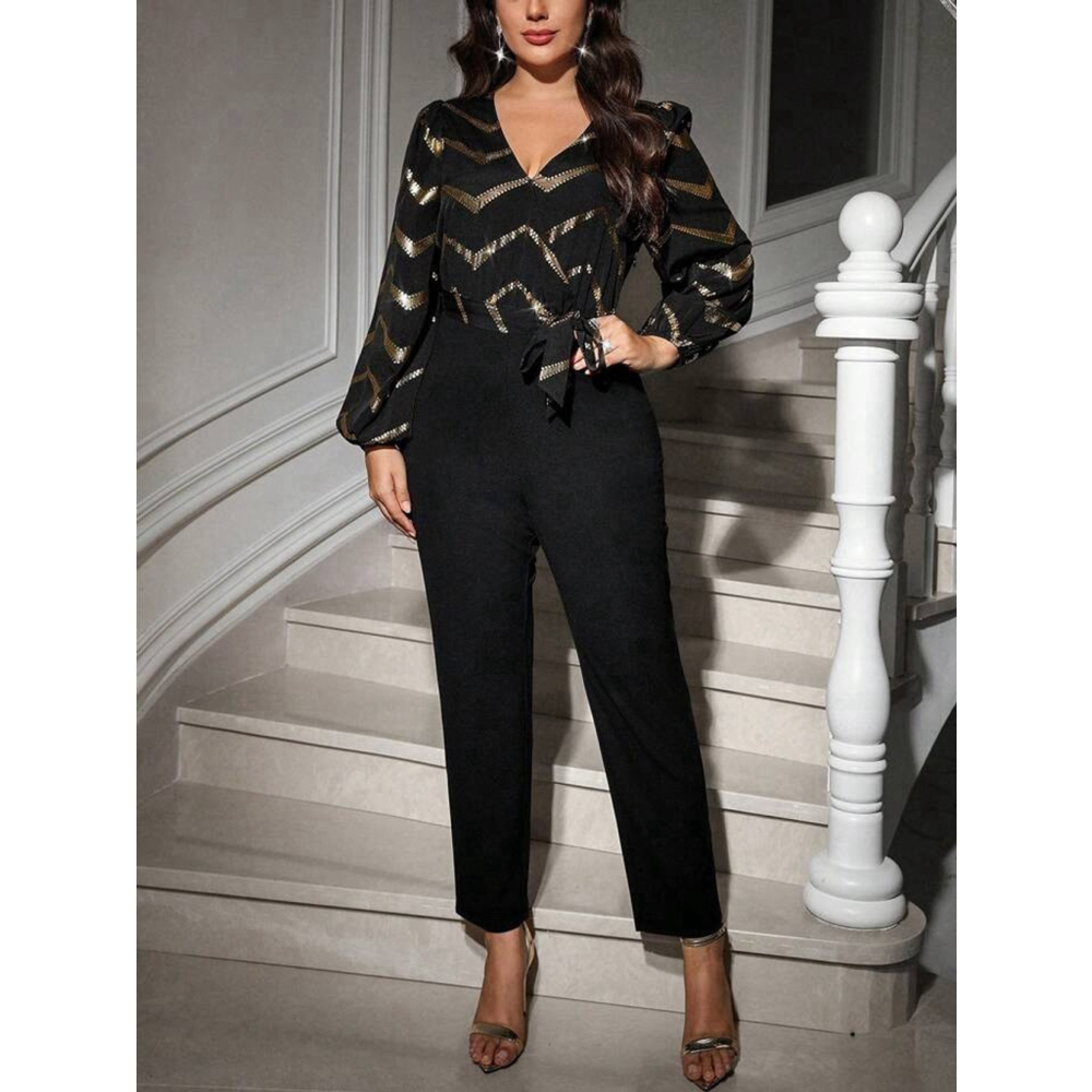 Foil Printed Gold Taper Leg Waist Tie Glam Polished Party Night Out Jumpsuit XL